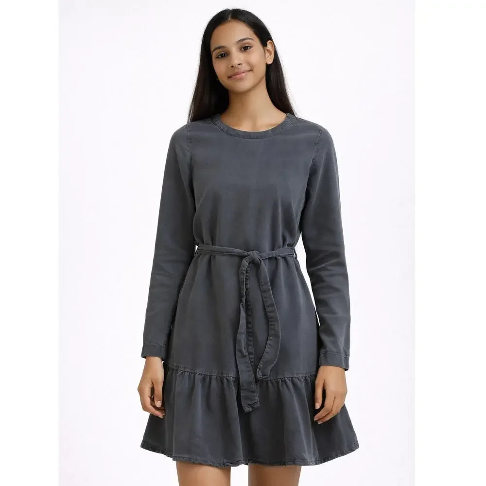 Bella Dahl Girls Tiered Dress Size 14 Gray Long Sleeve Tencel Flare Minimalist